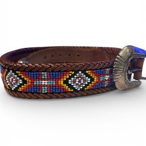 Vintage 1991 Brighton beaded western brown leather belt Aztec diamond pattern 30